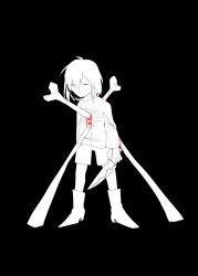  1other 2016 2d =_= ambiguous_gender ankle_boots black_background blood blood_on_clothes bone boots child commentary digital_media double_horizontal_stripe english_commentary frisk_(undertale) full_body high_contrast highres holding holding_knife holding_weapon horizontal-striped_clothes human injury knife kophnar352_(discoice) long_sleeves monochrome other_focus short_hair shorts simple_background solo stab standing striped_clothes striped_sweater sweater undertale utdr_(toby_fox) weapon 