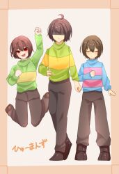 3others :d :| ahoge androgynous blue_sweater brown_pants brown_shoes chara_(undertale) clenched_hands closed_eyes closed_mouth collared_sweater deltarune dot_nose frisk_(undertale) full_body green_sweater hair_between_eyes hand_on_own_chest hand_on_own_hip hand_up highres in-franchise_crossover jumping kris_(deltarune) light_blush looking_at_viewer multiple_others open_mouth pants red_eyes shaded_face shoes smile standing striped_clothes striped_sweater sweater teeth tiiiistttt two-tone_sweater undertale upper_teeth_only utdr_(toby_fox) v-shaped_eyebrows