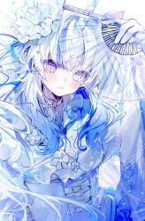  +_+ 1girl absurdres animal_ears arm_up artist_name blue_corset blue_eyes blue_flower blue_hair blue_horns blue_theme blunt_bangs blurry blush bright_pupils carrot_hair_ornament collar commentary corset crown depth_of_field eyes_visible_through_hair flower food-themed_hair_ornament frilled_corset frills from_above gloves gradient_hair hair_between_eyes hair_flower hair_ornament hand_fan heterochromia highres holding holding_fan horns horse_ears japanese_clothes kimono light_particles long_hair long_sleeves looking_at_viewer mini_crown multicolored_hair multicolored_horns noyu_(noyu23386566) original pale_skin parted_lips rose sidelocks simple_background single_horn solo sparkle sparkling_eyes streaked_hair striped_horns twitter_username two-tone_hair two-tone_horns unicorn_girl unicorn_horn untranslatable_commentary upper_body very_long_hair violet_eyes white_background white_collar white_flower white_gloves white_hair white_horns white_kimono white_pupils white_rose wide_sleeves 