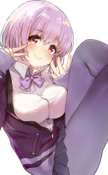  1girl artist_name black_skirt blush bow bowtie breasts collared_shirt commentary grey_pantyhose gridman_universe hands_up highres jacket knees_up large_breasts long_sleeves looking_at_viewer open_mouth pantyhose partially_unzipped pleated_skirt purple_bow purple_bowtie purple_hair purple_jacket red_eyes school_uniform shinjou_akane shirt short_hair sitting skirt sleeves_past_wrists smile solo ssss.gridman v white_background white_shirt wumumu 