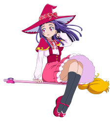  1girl absurdres black_socks bow bowtie broom broom_riding capelet commentary dress_shirt hakuino_hakase hand_in_own_hair hat highres izayoi_liko long_hair long_sleeves looking_to_the_side magic_school_uniform_(mahou_girls_precure!) mahou_girls_precure! mary_janes open_mouth precure purple_hair red_bow red_bowtie red_capelet red_hat red_shoes red_skirt school_uniform shirt shoes simple_background skirt socks solo suspender_skirt suspenders violet_eyes white_background white_shirt wind witch_hat 