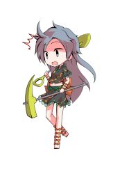  1girl back_ribbon barefoot black_shirt chibi chibi_only commentary_request dairi full_body grey_eyes grey_hair hand_up himemushi_momoyo holding holding_pickaxe holding_shovel large_variant_set long_hair midriff open_mouth orange_ribbon pickaxe ribbon shirt short_sleeves shovel simple_background skirt skirt_set solo standing standing_on_one_leg surprised tachi-e touhou transparent_background variant_set 
