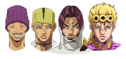  beanie black_eyes blonde_hair blue_eyes braid braided_ponytail brothers commentary donatello_versus earrings english_commentary expressionless facial_mark giorno_giovanna grandguerrilla green_eyes grin half-siblings hat jewelry jojo_no_kimyou_na_bouken light_frown multicolored_hair purple_hair purple_hat rikiel siblings single_braid smile stone_ocean stud_earrings two-tone_hair ungaro vento_aureo yellow_eyes 