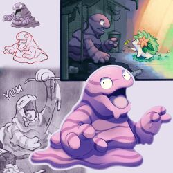  apple eating flower food fruit grass green_fur grimer hedgehog highres no_humans one_eye_closed open_mouth pink_flower pokemon pokemon_(creature) pokemon_focus shaymin shoupitsuki trash_can 