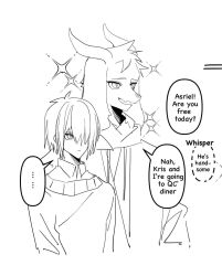  1boy 1other adoptive_siblings animal_ears asriel_dreemurr deltarune english_text furry furry_male goat_boy goat_ears highres hikokisleep247 hood hoodie kris_(deltarune) long_sleeves monochrome short_hair siblings simple_background smile utdr_(toby_fox) 