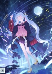  1girl absurdres arm_up bare_legs bare_shoulders barefoot blue_eyes blush cho_kaguya-hime! collarbone commentary_request fingernails fish full_body full_moon grin hair_ornament hair_rings hair_stick hand_up highres long_hair looking_up moon moonlightcookie_(82715678) multicolored_hair nail_polish octopus outdoors pink_hair purple_nails qr_code runami_yachiyo sky smile solo sparkle star_(sky) starry_sky twintails two-tone_kimono white_hair 