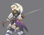  :o armor bangs belt blue_eyes bracelet denim denim_shorts elbow_gloves fighting_stance from_behind gloves hairband horn jewelry kirin_(armor) long_hair looking_away monster_hunter monster_hunter_2 open_mouth rope shihou short_shorts shorts shorts_under_skirt simple_background skirt solo spiked_hair spread_legs standing strap sword thigh_strap thighhighs torn_clothes upskirt weapon white_hair white_legwear yellow_eyes 