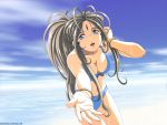  aa_megami-sama belldandy bikini blue_eyes bracelet breasts brown_hair cleavage cloud facial_mark forehead_mark jewelry long_hair ocean ring sky swimsuit wallpaper water wet 