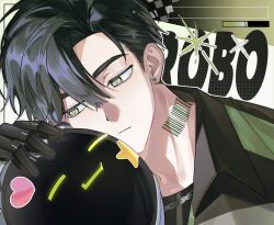  1boy barcode barcode_tattoo black_hair black_jacket chain chain_necklace earrings green_eyes highres ieemanchi jacket jewelry looking_at_another male_focus mechanical_hands neck_tattoo necklace petting portrait robo_frostor short_hair skoshism sticker stud_earrings tattoo virtual_youtuber 