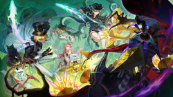 1boy 2girls bandaged_arm bandages bare_shoulders battle belt black_belt black_gloves black_hat black_jacket black_shirt black_shoes black_shorts blonde_hair blue_hat blue_shirt breasts cape card character_request chinese_commentary closed_mouth collared_shirt commentary_request dark-skinned_male dark_skin dress endless_dream eyewear_on_head feet_out_of_frame firing frilled_shirt frilled_sleeves frills frown full_body fur-trimmed_cape fur_trim gatling_gun gloves green_eyes gun hair_between_eyes hair_over_one_eye half_gloves hat high_heels highres holding holding_card holding_gun holding_sword holding_weapon jacket long_hair looking_at_another medium_breasts minigun monster multiple_girls neck_flower one_eye_closed open_mouth pants parted_lips pink_hair red-tinted_eyewear red_eyes round_eyewear shirt shoes short_hair shorts slot_machine small_breasts smile sparkle squid_girl sugizaki_ryuuha sword tentacle_hair tentacles thigh_belt thigh_strap tinted_eyewear top_hat tricorne weapon white_dress white_pants 