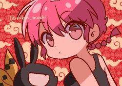  1girl animal bare_shoulders closed_mouth cloud_background dot_mouth eyeshadow highres makeup mio_(melchi) p-chan_(ranma_1/2) pig pink_eyes pink_eyeshadow pink_hair ranma-chan ranma_1/2 red_background upper_body 