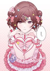  ... 1girl bow breasts brown_hair center_frills closed_mouth detached_sleeves double_bun dress dress_bow fingernails frilled_dress frilled_sleeves frilled_wrist_cuffs frills hair_bow hair_bun hair_ornament hairclip heart heart_arms heart_hair_ornament highres higuchi_madoka idolmaster idolmaster_shiny_colors kakemi looking_at_viewer medium_breasts mixed-language_text mole mole_under_eye pink_dress pink_sleeves polka_dot polka_dot_background short_hair short_sleeves solo speech_bubble star_(symbol) star_hair_ornament upper_body violet_eyes wrist_cuffs 