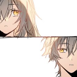  1boy 1girl backlighting black_border border caelus_(honkai:_star_rail) cropped_shoulders dual_persona english_commentary grey_hair hair_between_eyes hetero highres honkai:_star_rail honkai_(series) long_hair looking_at_another may_(maymay271005) selfcest short_hair sidelocks simple_background stelle_(honkai:_star_rail) teeth trailblazer_(honkai:_star_rail) white_background yellow_eyes 