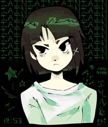 1girl black_eyes brown_hair character_name closed_mouth english_commentary frown green_background green_shirt hair_ornament hairclip highres iwakura_lain mychi_drawings serial_experiments_lain shirt short_hair solo upper_body x_hair_ornament 