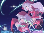  2girls blue_eyes christmas green_eyes multiple_girls original santa_costume senmu thighhighs wallpaper white_hair 