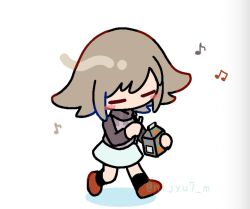  1girl black_socks blonde_hair blush_stickers brown_sweater chibi chibi_only closed_eyes drink_carton drinking_straw grey_sweater_vest hair_flaps holding holding_drinking_straw holding_juice_box juice_box miniskirt musical_note nijyu7 no_mouth orange_shoes plaid_clothes plaid_sweater_vest plaid_vest shoes simple_background skirt socks solo sweater sweater_vest turtleneck turtleneck_sweater twitter_username urotsuki vest walking white_background white_skirt yume_2kki 