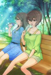  2girls belt bench black_belt bottle bra_strap bracelet dress floral_print floral_print_dress food girls_und_panzer green_shorts highres holding holding_food holding_ice_cream ice_cream jewelry miaunelmia mika_(girls_und_panzer) multiple_girls nishizumi_maho off-shoulder_dress off_shoulder on_bench open_mouth print_dress shorts strap sweat teeth tree water_bottle wooden_bench 