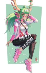  1girl animal_ears antler_ornament antlers bag boutsoftheblind choker deer_ears glasses green_background green_eyes green_hair green_nails haruka_karibu highres hood hoodie horns indie_virtual_youtuber legs pants pink_hoodie pink_shoes reindeer_antlers reindeer_girl shoes shoulder_bag twintails two-tone_hoodie virtual_youtuber white_background white_hoodie yoga_pants 