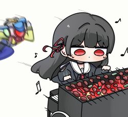  1girl 1other black_hair black_jacket blush chisa_(wuthering_waves) commentary cooking grill grilling hair_ribbon highres humanoid_robot instrument jacket kimmi_(tsora0_17) long_hair musical_note piano red_eyes red_ribbon ribbon robot s.i.g.m.a._(wuthering_waves) sweatdrop untranslatable_commentary wuthering_waves 