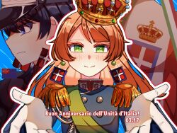  1girl absurdres blush buttons character_request closed_mouth commentary_request copyright_request crown double-breasted earrings epaulettes floating_earrings genmaitya196 gloves green_eyes highres incoming_hug italian_flag italian_text italy jewelry long_hair looking_at_viewer military_uniform outline personification red_hair shoulder_strap shoulder_tattoo smile sphere_earrings tattoo translation_request white_gloves white_outline 