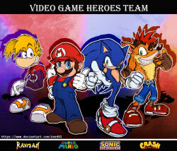  4boys animal_ears animal_nose black_eyes blonde_hair blue_eyes blue_fur blue_overalls body_fur brown_gloves crash_bandicoot crash_bandicoot_(series) crossover cyrillic disembodied_hand facial_hair fingerless_gloves full_body furry furry_male gloves green_eyes grin hat hedgehog_boy looking_at_viewer male_focus mario multiple_boys multiple_crossover mustache open_mouth orange_fur overalls pants rayman rayman_(series) rayman_limbs red_hat red_shirt red_shoes shirt shoes short_hair short_tail shorts smile sonic_(series) sonic_the_hedgehog super_mario_bros. tail teeth two-tone_fur white_gloves zeed_02 