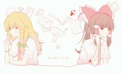  2girls bow braid brown_hair chinese_commentary collared_shirt commentary_request contemporary frilled_bow frilled_hair_tubes frills green_bow hair_bow hair_tubes hakurei_reimu highres iwakoo kirisame_marisa letter long_hair missing_headwear multiple_girls necktie paper_airplane red_bow red_necktie school_uniform shirt short_sleeves side_braid single_braid string string_of_fate touhou white_shirt yellow_eyes yuri 