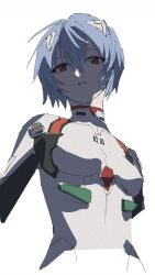  1girl ayanami_rei birthday blue_hair bodysuit bolt_(hardware) breasts covered_collarbone face_in_shadow hair_between_eyes headset highres interface_headset_(evangelion) looking_at_viewer mecha_pilot_suit neon_genesis_evangelion number_print plugsuit_(evangelion) red_eyes ru_neko_ru short_hair simple_background sketch small_breasts solo teeth upper_body white_background white_bodysuit 
