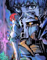  1boy 1girl 2025 amate_yuzuriha amuro_ray commentary_request dated gundam gundam_gquuuuuux looking_at_viewer mecha miniskirt mobile_suit mobile_suit_gundam moto_murabito red_hair robot rx-78-2_gundam science_fiction signature skirt v-fin yellow_eyes 