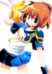  1girl :o arle_nadja brown_eyes brown_hair carbuncle_(puyopuyo) creature half_updo kaisanbutsu puyopuyo shirt short_hair skirt smile white_background wrist_cuffs 