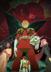  2boys 2girls amuro_ray axis_(gundam) belt bindi black_dress black_hair blonde_hair blue_eyes breasts brown_dress brown_hair char's_counterattack char_aznable commentary dark-skinned_female dark_skin double_bun dress earth_(planet) epaulettes feet_out_of_frame from_below gloves green_eyes gundam hair_between_eyes hair_bun haman_karn helmet highres holding holding_unworn_helmet jacket lalah_sune long_sleeves looking_at_viewer looking_down mecha mecha_pilot_suit medium_breasts military_uniform mintbreak mobile_suit mobile_suit_gundam multiple_boys multiple_girls normal_suit_(gundam) outstretched_arm pants planet purple_hair red_eyes red_jacket red_pants robot science_fiction short_hair spacesuit standing untranslatable_commentary unworn_headwear unworn_helmet white_belt white_gloves zaku_ii_s_char_custom zeon zeta_gundam 