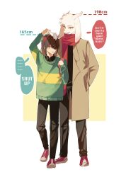  1boy 1other absurdres adoptive_siblings androgynous animal_ears asriel_dreemurr coat deltarune demon_horns embarrassed english_text fake_horns goat_boy goat_ears goat_horns green_sweater height_difference height_mark highres hikokisleep247 horns kris_(deltarune) red_scarf scarf siblings simple_background smile striped_clothes striped_sweater sweater tall_male trench_coat utdr_(toby_fox) 