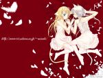  2girls animal_ears blonde_hair cat_ears cat_tail feathers highres lace lace-trimmed_thighhighs low_twintails lying minato_hiromu multiple_girls mutual_yuri original silver_hair tail thighhighs twintails wallpaper white white_legwear yuri 