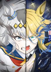  ahoge american_flag american_flag_print animal_ears bandana_around_arm black_shirt blonde_hair blue_eyes blue_hair blue_sailor_collar brooch clenched_teeth commentary_request ear_ornament eye_trail flag_print green_eyes grey_hair hair_between_eyes hairband highres horse_ears horse_girl jacket jewelry light_trail long_hair long_sleeves multicolored_hair multiple_girls neckerchief obey_your_master_(umamusume) oguri_cap_(starlight_beat)_(umamusume) oguri_cap_(umamusume) open_mouth red_neckerchief running sailor_collar shirt star_brooch sweat teeth two-tone_hair umamusume umamusume:_cinderella_gray user_cmaf4744 white_jacket white_shirt yellow_nails 