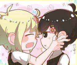  2boys :d :o ^_^ antenna_hair bare_arms basil_(faraway)_(omori) basil_(omori) black_eyes black_hair black_sweater_vest blonde_hair blush bright_pupils closed_eyes collared_shirt commentary_request face-to-face facing_another flower flower_on_head forehead-to-forehead from_side hair_behind_ear hair_between_eyes hair_flower hair_ornament hand_in_another's_hair hand_on_another's_cheek hand_on_another's_ear hand_on_another's_face hand_up happy heads_together holding kasiopea_sub looking_at_another multiple_boys no_sclera omori open_mouth pink_background portrait profile shadow shirt short_hair short_sleeves smile sunny_(omori) sweater_vest white_pupils white_shirt 