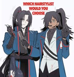  3boys :3 aseah_(project_moon) black_gloves black_hair black_jacket black_shirt blue_coat censored censored_violence closed_mouth coat cowboy_shot gloves green_eyes high_ponytail holding holding_scissors hong_lu_(project_moon) jacket jia_huan_(project_moon) limbus_company long_hair mandarin_collar multiple_boys parted_bangs ponytail project_moon red_eyes scissors shirt simple_background smile tama_launcher undershirt very_long_hair white_background white_shirt 
