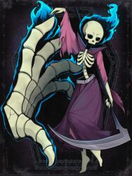  1girl 1other arm_up blue_fire fire flaming_head flaming_skull full_body giant_hand highres holding holding_scythe looking_to_the_side osty_(slay_the_spire) purple_robe robe scythe skeleton skull slay_the_spire slay_the_spire_2 standing standing_on_one_leg the_necrobinder_(slay_the_spire) torn_clothes vickie_(cryingrobot) 