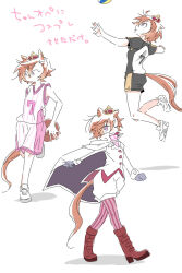  1girl ;) ball basketball_(object) basketball_uniform beer_hsk black_shorts boots brown_boots brown_hair closed_mouth crown gloves grey_gloves hair_between_eyes highres jacket long_sleeves mini_crown multiple_views one_eye_closed pantyhose pantyhose_under_shorts puffy_shorts shadow shirt shoes short_sleeves shorts smile sportswear striped_clothes striped_pantyhose t.m._opera_o_(umamusume) translation_request umamusume vertical-striped_clothes vertical-striped_pantyhose violet_eyes volleyball_(object) white_background white_jacket white_shirt white_shoes white_shorts 