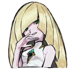  1girl :d bare_shoulders blonde_hair commentary_request cropped_torso diagonal_bangs dress green_eyes long_hair lusamine_(pokemon) madai_(si_202) open_mouth pokemon pokemon_sm sleeveless sleeveless_dress smile solo upper_body white_background white_dress 