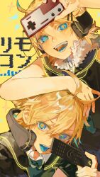  +_- 1boy 1girl absurdres arm_on_another's_head black_sailor_collar blonde_hair blue_bow blue_bowtie blue_eyes blue_tongue bow bowtie brother_and_sister colored_tongue controller famicom_controller fur_trim game_controller hair_ornament hairclip headphones highres holding holding_controller holding_remote_control kagamine_len kagamine_rin kani_samurai looking_at_viewer open_mouth remote_control remote_control_(vocaloid) sailor_collar sharp_teeth siblings simple_background sleeveless song_name sparkle teeth tongue tongue_out upper_body vocaloid yellow_background yellow_pupils 