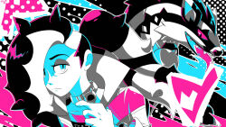 1boy choker closed_mouth commentary english_commentary hair_over_one_eye limited_palette long_hair male_focus multicolored_hair obstagoon open_mouth piers_(pokemon) pokemon pokemon_(creature) pokemon_swsh sharp_teeth smile spiky_hair teeth tntvale tongue tongue_out two-tone_hair 
