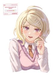  1girl :d ahoge akamatsu_kaede artist_name blonde_hair blush breasts cropped_torso danganronpa_(series) danganronpa_v3:_killing_harmony english_text hair_ornament highres large_breasts long_hair long_sleeves musical_note musical_note_hair_ornament necktie orange_necktie pink_sweater_vest rinqwpan simple_background smile solo sweater_vest teeth upper_teeth_only white_background 