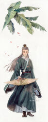  1boy absurdres black_hair black_hanfu black_shoes chinese_clothes chinese_commentary closed_eyes closed_mouth commentary_request elyonlz facial_mark falling_petals fern folding_fan forehead_mark full_body hand_fan hanfu highres holding holding_fan long_hair long_sleeves male_focus original painting_(medium) petals print_fan red_sash sash shoes solo topknot traditional_media watercolor_(medium) white_background wide_sleeves zhijupao 