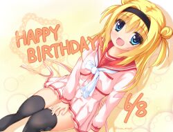  1girl :d arm_at_side black_thighhighs blonde_hair blue_eyes blush bow bowtie chitose_sana commentary_request dated double_bun drop_shadow dutch_angle eyes_visible_through_hair feet_out_of_frame hair_between_eyes hair_bun hair_intakes hand_on_own_thigh happy happy_birthday long_hair long_sleeves looking_at_viewer miniskirt mo-tototo open_mouth pink_serafuku pink_shirt pink_skirt pleated_skirt red_sailor_collar sailor_collar school_uniform serafuku shirt sidelocks simple_background sitting skirt smile solo straight_hair tareme tenshinranman thigh-highs thighs twitter_username two_side_up white_bow white_bowtie yellow_background zettai_ryouiki 