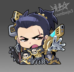  1girl adeptus_astartes armor artist_name chain ferrus_manus gear_hair_ornament genderswap genderswap_(mtf) hammer holding holding_weapon iron_hands_(warhammer) lowres outstretched_arm ponytail power_armor primarch ryuusei_(mark_ii) scar scar_on_face shoulder_cannon skull sledgehammer tagme thunder_hammer war_hammer warhammer_40k weapon 