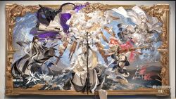  1boy 4girls ambience_synesthesia anchor angel angel_wings animal_ear_fluff animal_ears arknights arm_up armored_boots belt bird black_belt black_boots black_dress black_eyes black_gloves black_hair black_halo black_mask black_shawl blue_eyes blue_sash boots border braid broken_halo cape chain clouds cloudy_sky copyright_name crown cube_of_the_law_(arknights) detached_sleeves detached_wings disembodied_hand dragon dragon_girl dragon_horns dragon_tail dress elbow_gloves fire fish fish_boy flame-tipped_tail flippers_of_the_sankta_(arknights) floating_cape frilled_skirt frills gladiator_sandals gloves gold_chain gold_crown gold_necklace gold_trim grey_eyes gun hagoromo hair_between_eyes half_gloves halo harp high_heel_boots high_heels highres hime_cut holding holding_anchor holding_gun holding_harp holding_sword holding_wand holding_weapon horns inset_border instrument jewelry kjera_(arknights) landscape lemuen_(arknights) lemuen_(requiem_vesperis)_(arknights) light_rays long_hair looking_at_another looking_at_viewer multiple_girls necklace necrass_(arknights) necrass_(as_clear_as_crystal)_(arknights) ocean official_alternate_costume official_art one_eye_covered ornate_border parted_bangs parted_lips pink_eyes pink_hair pramanix_(arknights) pramanix_the_prerita_(arknights) puffy_sleeves purple_cape purple_fire reaching reaching_towards_another red_eyes rifle robe sandals sash scope shawl shoes shoulder_sash single_bare_shoulder sitting skirt sky sniper_rifle snow_leopard_ears snow_leopard_girl snow_leopard_tail statue sunbeam sunlight sword tail twin_braids two-tone_cape two-tone_dress ulpianus_(arknights) upside-down very_long_hair veteran_shrine_nurturer_(arknights) virtuosa_(arknights) wand waves weapon white_cape white_dress white_gloves white_hair white_hood white_robe white_sash white_shoes wings 