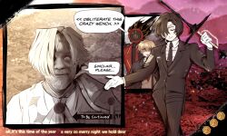  1girl 1other 2boys between_two_worlds black_coat black_gloves black_hair black_necktie black_shirt black_suit blonde_hair clock closed_eyes coat dante_(limbus_company) english_text fire gameplay_mechanics gloves highres index_(identity)_(project_moon) kromer_(project_moon) limbus_company mask mcnauru meme mili_(band) multiple_boys necktie object_head project_moon red_coat red_necktie shirt short_hair sinclair_(project_moon) speech_bubble suit sword tearing_up to_be_continued weapon white_gloves white_shirt yellow_eyes yi_sang_(project_moon) 