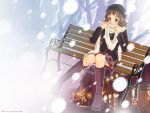  1girl bench blush boots brown_hair cross-laced_footwear hat highres original scarf sitting skirt snowing solo wallpaper yellow_eyes 