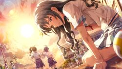  6+girls ball black_hair card_commentary commentary_request day dirty dirty_clothes dutch_angle faceless faceless_female game_cg idolmaster idolmaster_million_live! idolmaster_million_live!_theater_days long_hair looking_down miniskirt multiple_girls no_eyewear official_art on_ground outdoors red_eyes school_uniform shirt short_sleeves sitting skirt takayama_sayoko tears third-party_source toyokawa_fuka volleyball_(object) white_shirt yokoyama_nao 