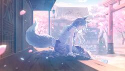  1girl animal_ears arm_support bare_arms bare_shoulders bloom_festival_(project_sekai) blue_bow blue_bowtie blue_eyes blue_hair bow bowtie cherry_blossoms colored_shoe_soles colorful_palette dress falling_petals fox_ears fox_girl fox_tail fur-trimmed_dress fur_trim fur_wristbands game_cg gradient_bow gradient_bowtie half_updo highres hinomori_shizuku kemonomimi_mode komainu lace-trimmed_dress lace_trim layered_dress lips long_hair mole mole_under_mouth official_alternate_costume official_alternate_hairstyle official_art outdoors parted_lips petals pink_petals platform_shoes pom_pom_(clothes) project_sekai purple_bow purple_bowtie purple_dress shoe_soles shoes shrine sitting sleeveless sleeveless_dress snowflakes solo tail third-party_source torii tree two-tone_dress wavy_hair white_dress white_shoes wristband 