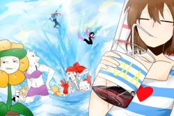 1other 2016 2d 3girls 6boys alphys ambiguous_gender anthro asgore_dreemurr bandana beard black_hair blonde_hair blue_jacket blue_shirt brothers brown_hair cap cola commentary digital_media drinking drinking_straw everyone facial_hair female fish fish_girl floppy_ears flower flowey_(undertale) frisk_(undertale) furry furry_female furry_male gloves goat goat_boy goat_ears goat_girl goat_horns group hair holding holding_drink horns human humanoid humanoid_robot innertube jacket kophnar352_(discoice) lizard lizard_girl long_hair looking_at_viewer male mammal mettaton mettaton_ex monster monster_boy monster_girl multiple_boys multiple_girls papyrus_(undertale) plant red_gloves red_hair reptile reptile_girl robot sans_(undertale) scalie short_hair skeleton spear striped_shirt summer swimsuit toriel undead undertale undyne utdr_(toby_fox) w.d._gaster water weapon white_fur white_horns yellow_flower